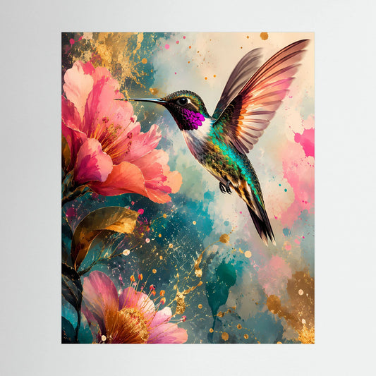 Hochformatiges Kunstposter mit Kolibri in Türkis und Pink, umgeben von rosa Blüten