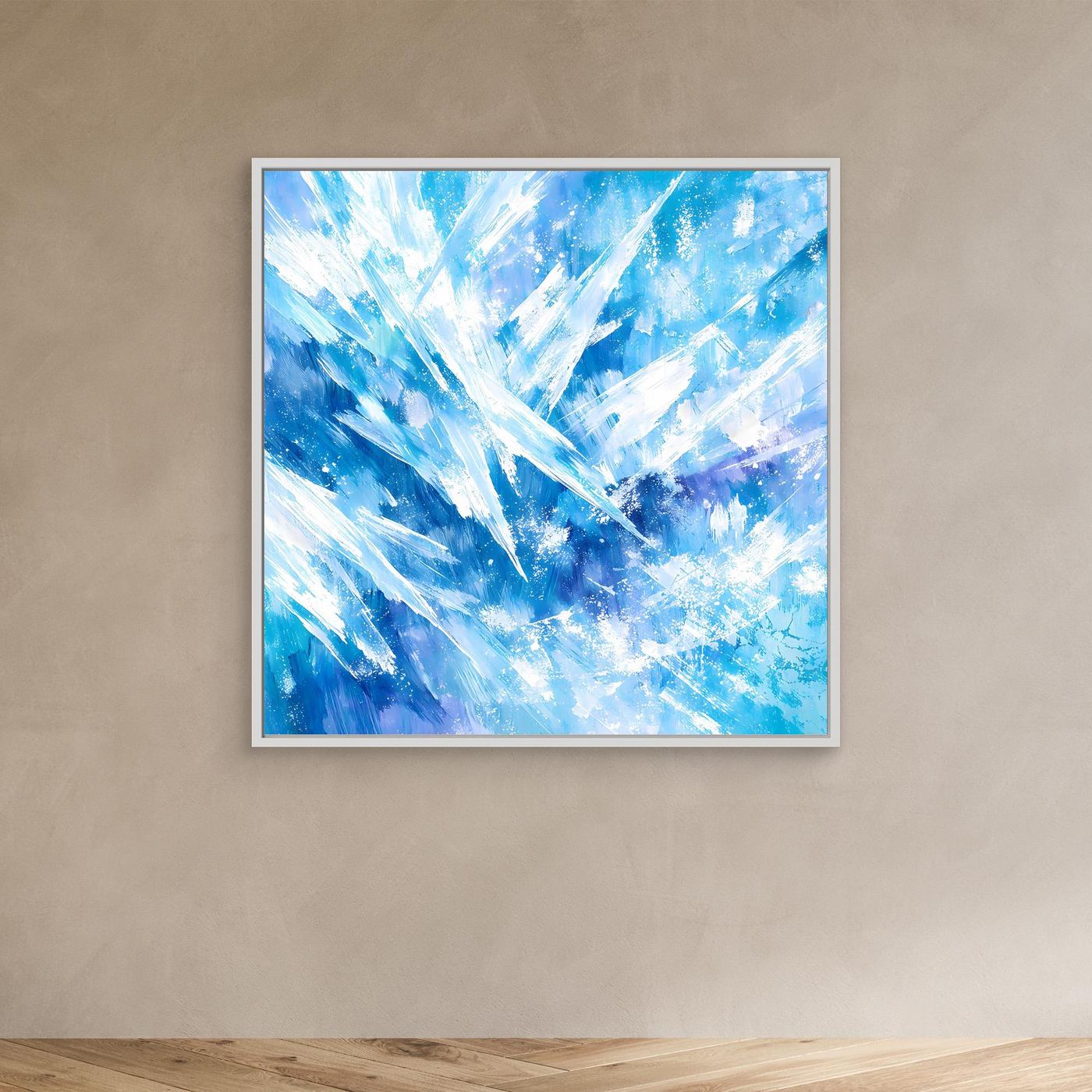 Quadratisches Leinwand-Wandbild mit blauem Eis- und Kristallmuster, weißer Rahmen