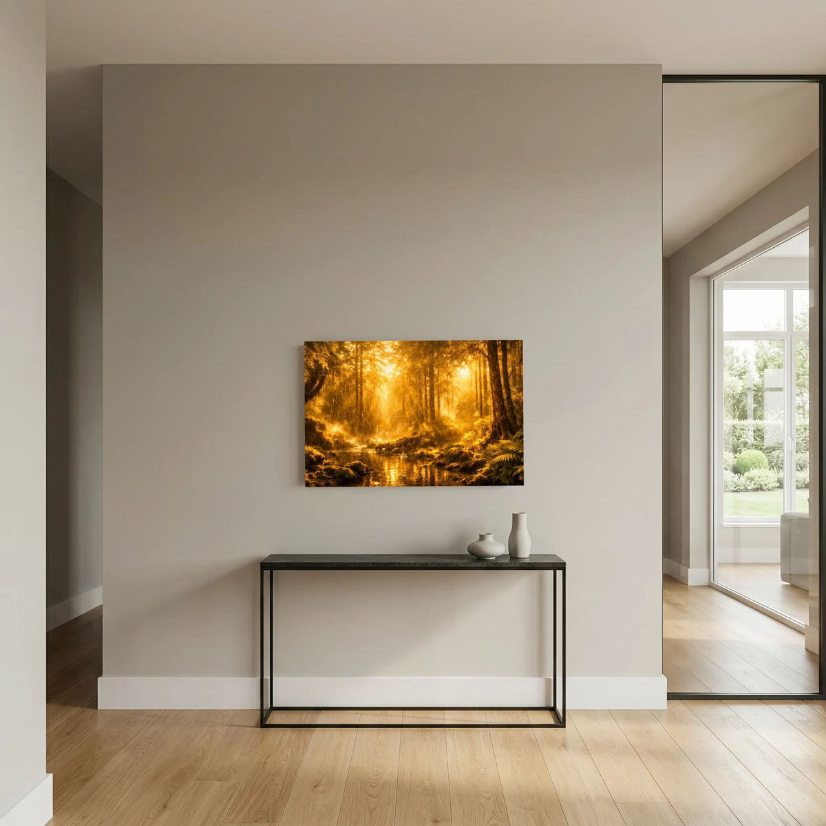 Wandbild mit goldener Waldlandschaft und Fluss über Konsole