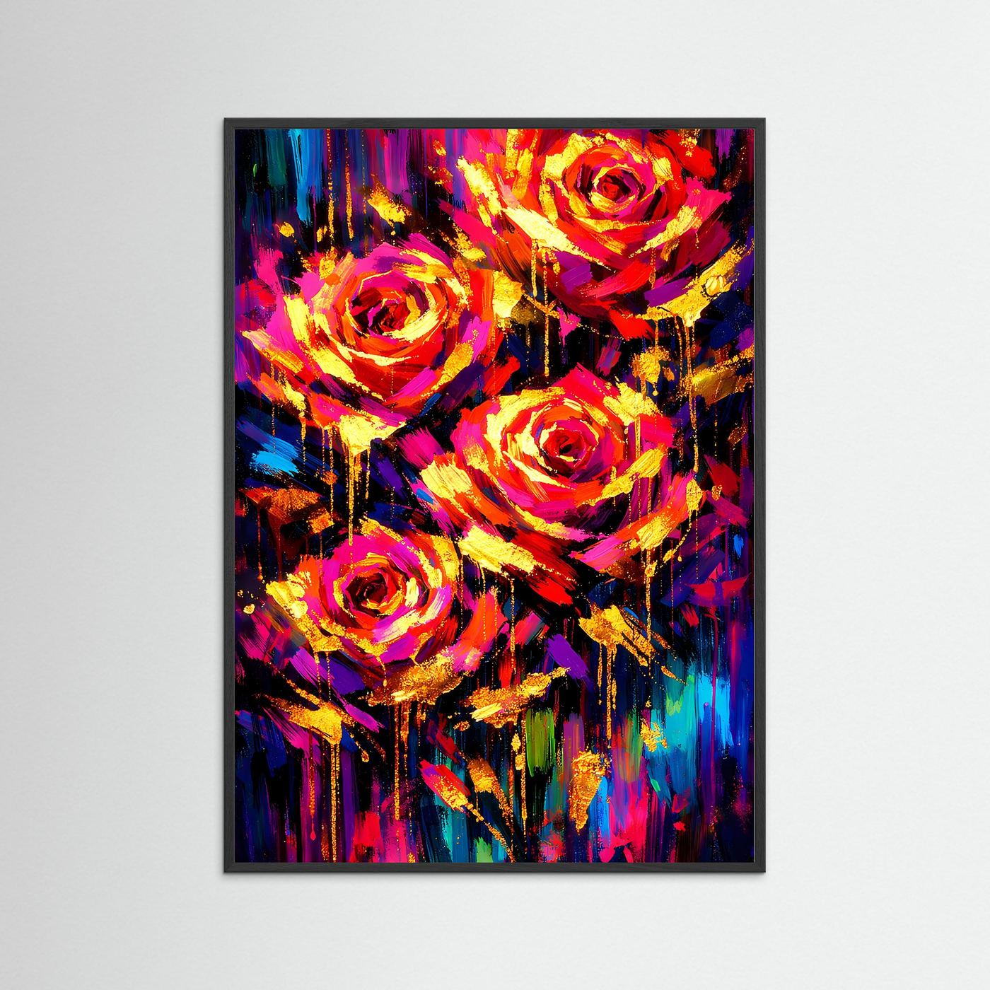 Hochformatiges Rosen-Poster mit schwarzem Rahmen, abstrakte Rosen in Gold, Pink und Blau