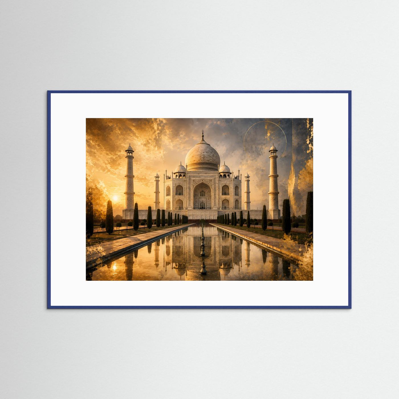 Querformat-Poster mit Taj Mahal im goldenen Licht, blauer Rahmen