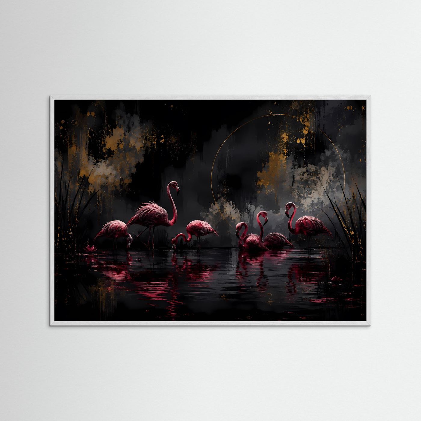 Flamingos in der Dunkelheit | Elegante Schwarz-Gold Wandkunst mit Pink – Modernes Poster Querformat