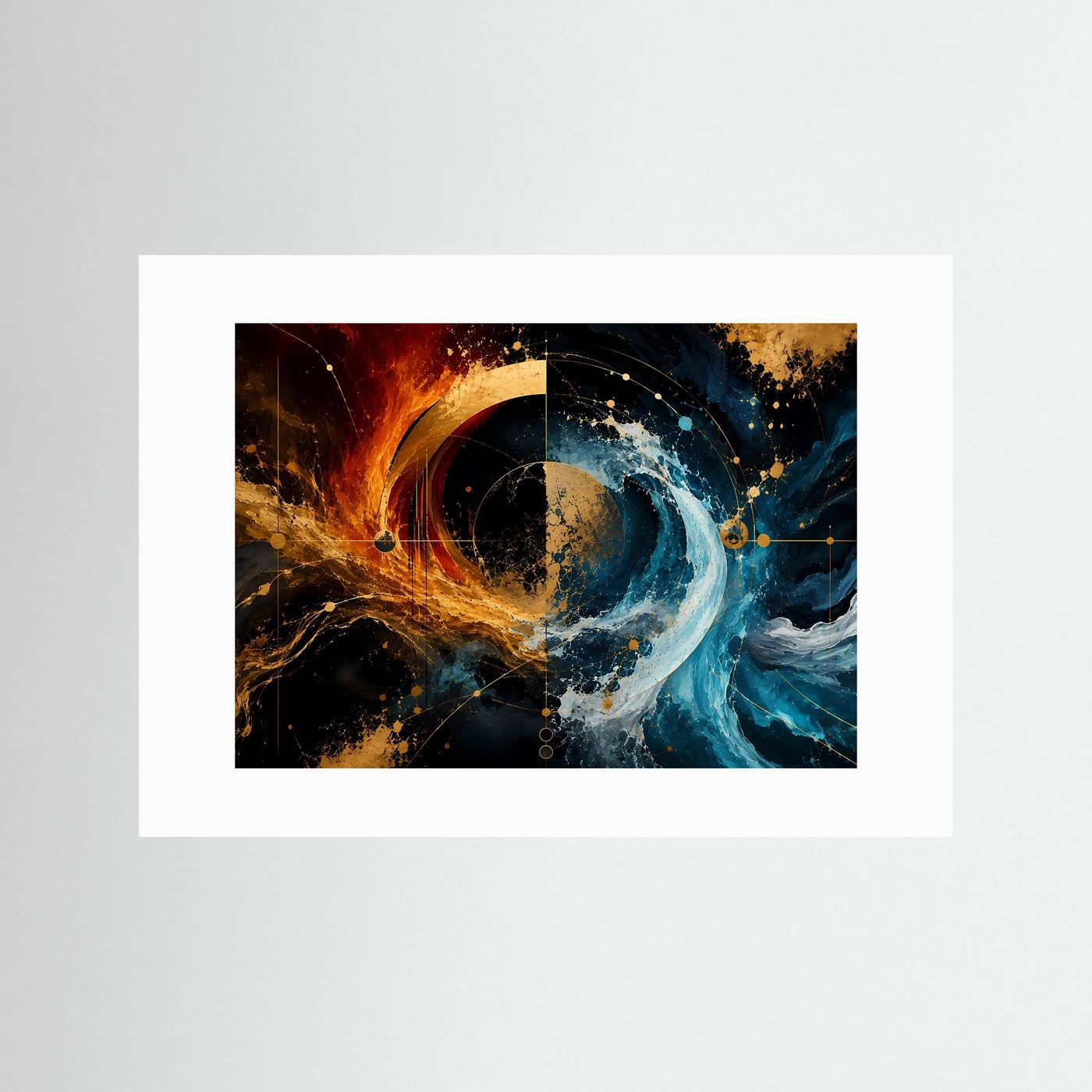 Feuer & Wasser – Abstrakte Elementekunst | Goldene Geometrie in Blau, Orange & Schwarz