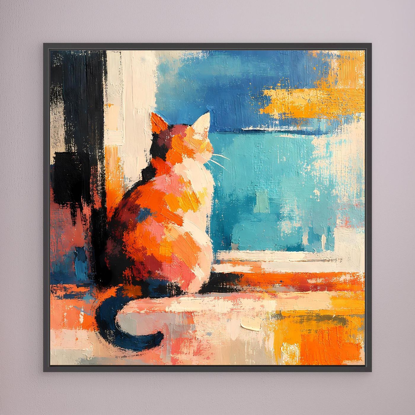 Abstract cat wall art, orange and blue window scene, cat sitting, dark frame