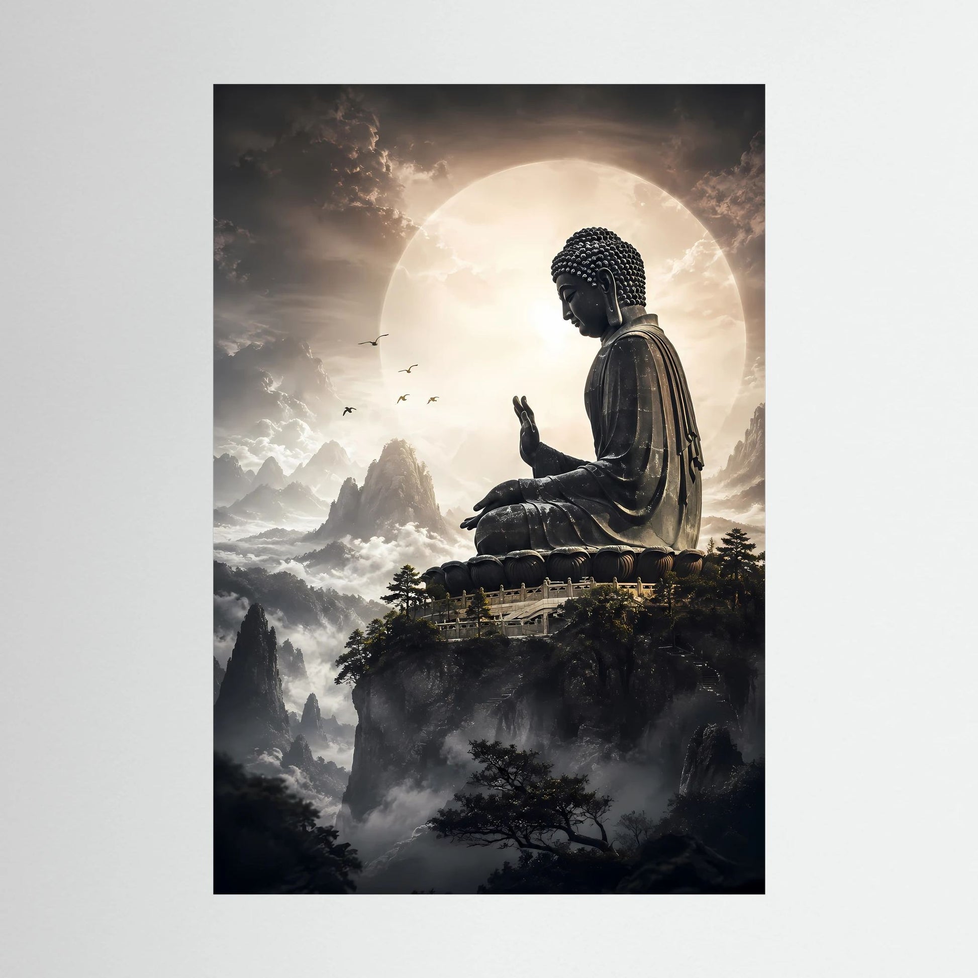 Vertikales Poster mit sitzendem Buddha über Berglandschaft und Wolken, großes Lichtoval