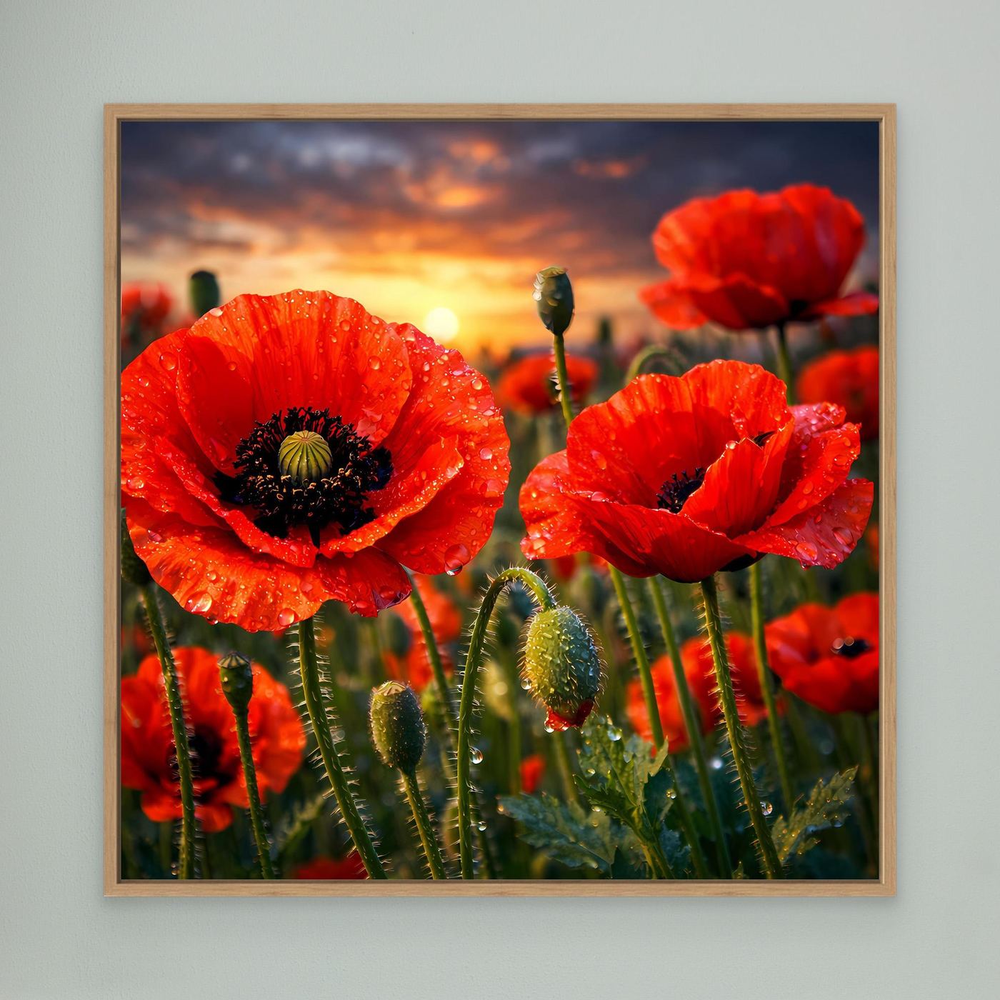 Leinwandbild mit roten Klatschmohnblüten im Sonnenuntergang, mit hellem Holzrahmen