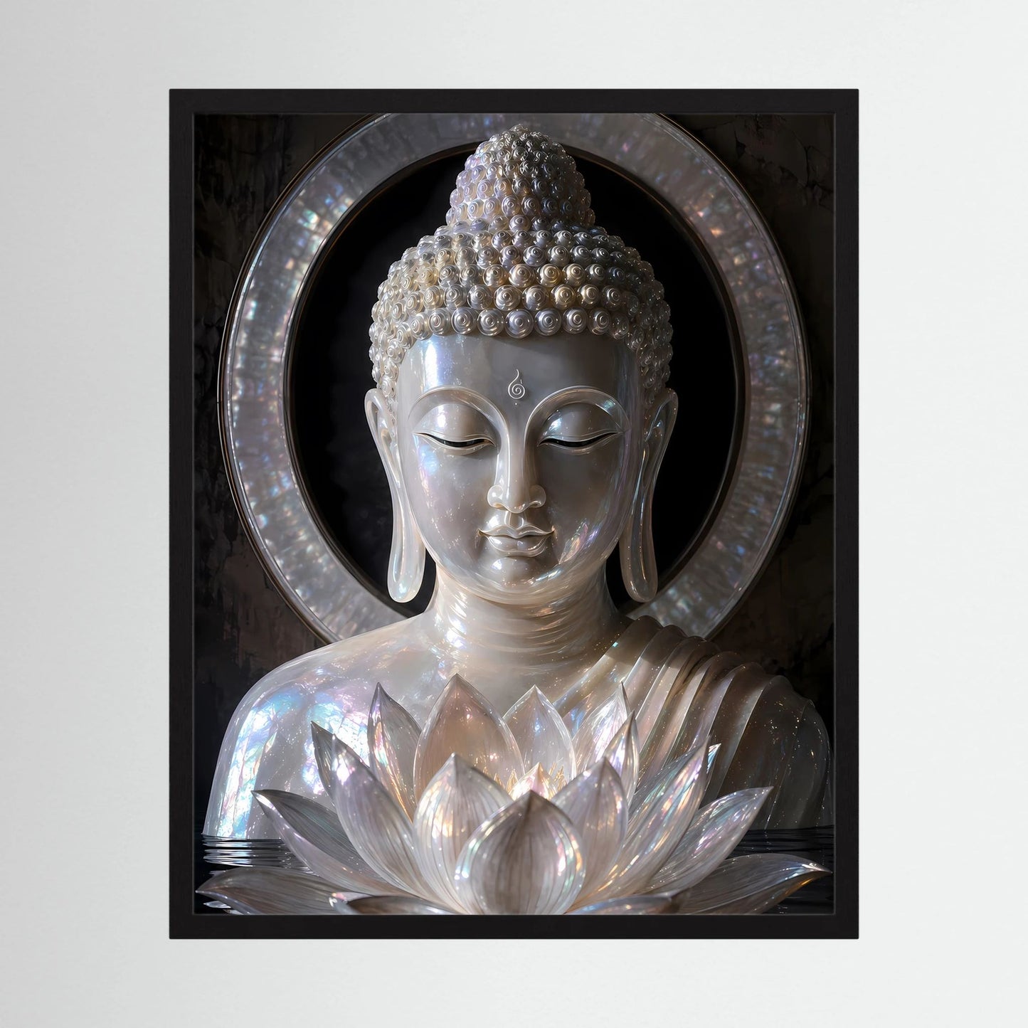 Poster im schwarzen Rahmen: silberner Perlmutt-Buddha mit Lotus und Schmuckring