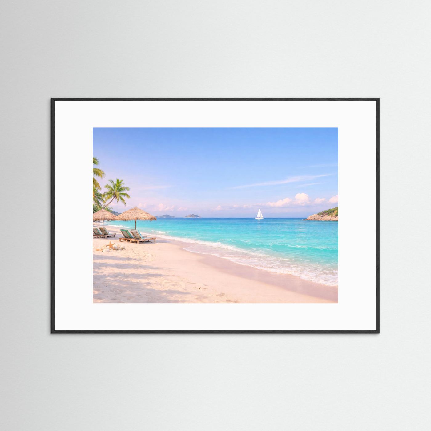 Poster Querformat mit Strandmotiv im schwarzen Rahmen: Palmen, türkisfarbenes Meer, Sand
