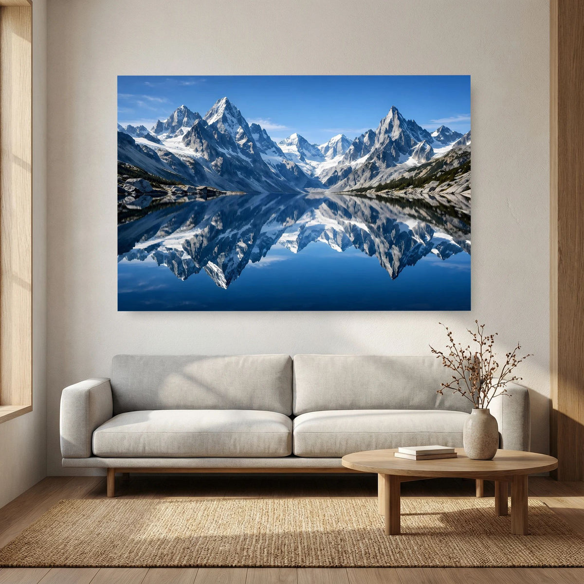 Poster im Querformat mit Alpengebirge, Spiegelung im See und markanten Gipfeln