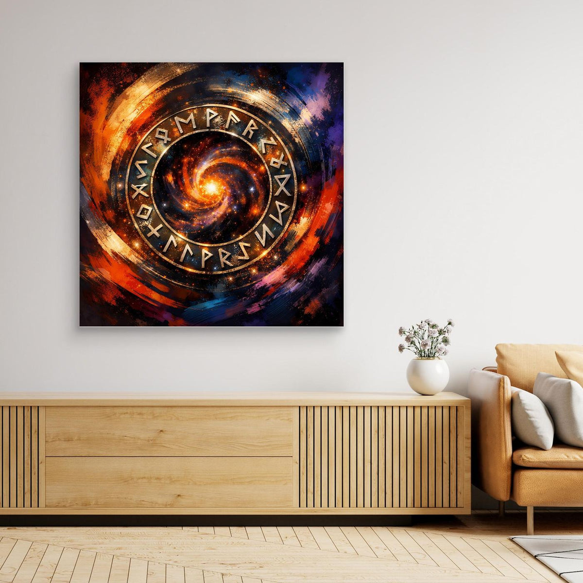 Gerahmtes Leinwandbild mit kosmischem Runenkreis, hellbrauner Rahmen