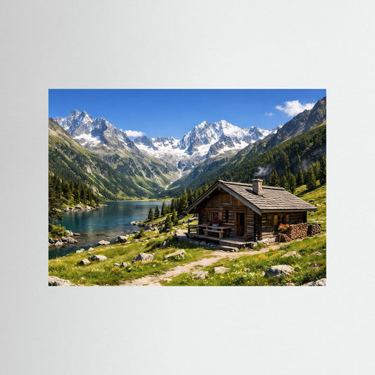 Landschaftsposter: gemütliche Hütte am Bergsee mit Alpenpanorama und schneebedeckten Gipfeln