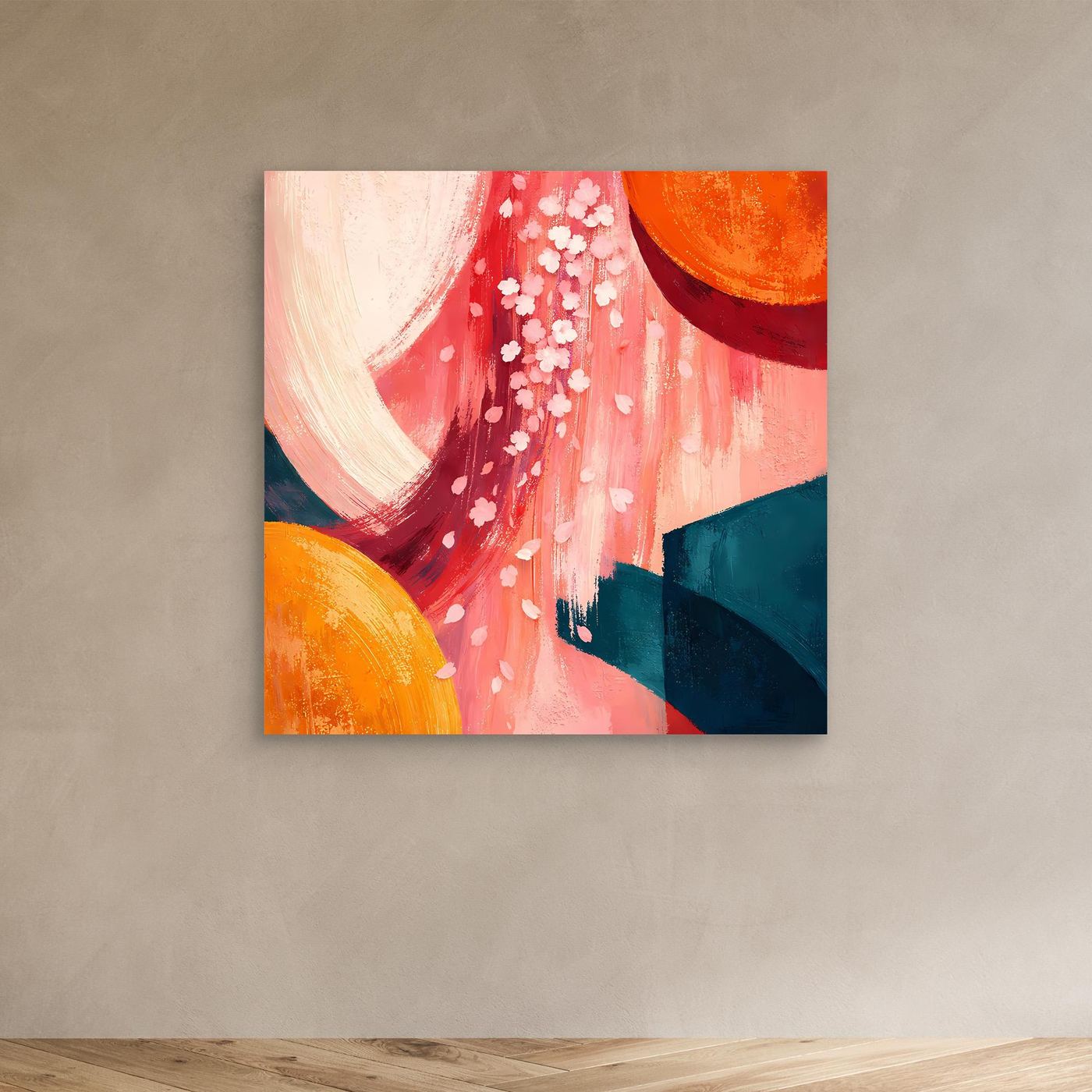 Leinwandbild ohne Rahmen mit abstrakten Kirschblüten in Rot, Rosa und Blau