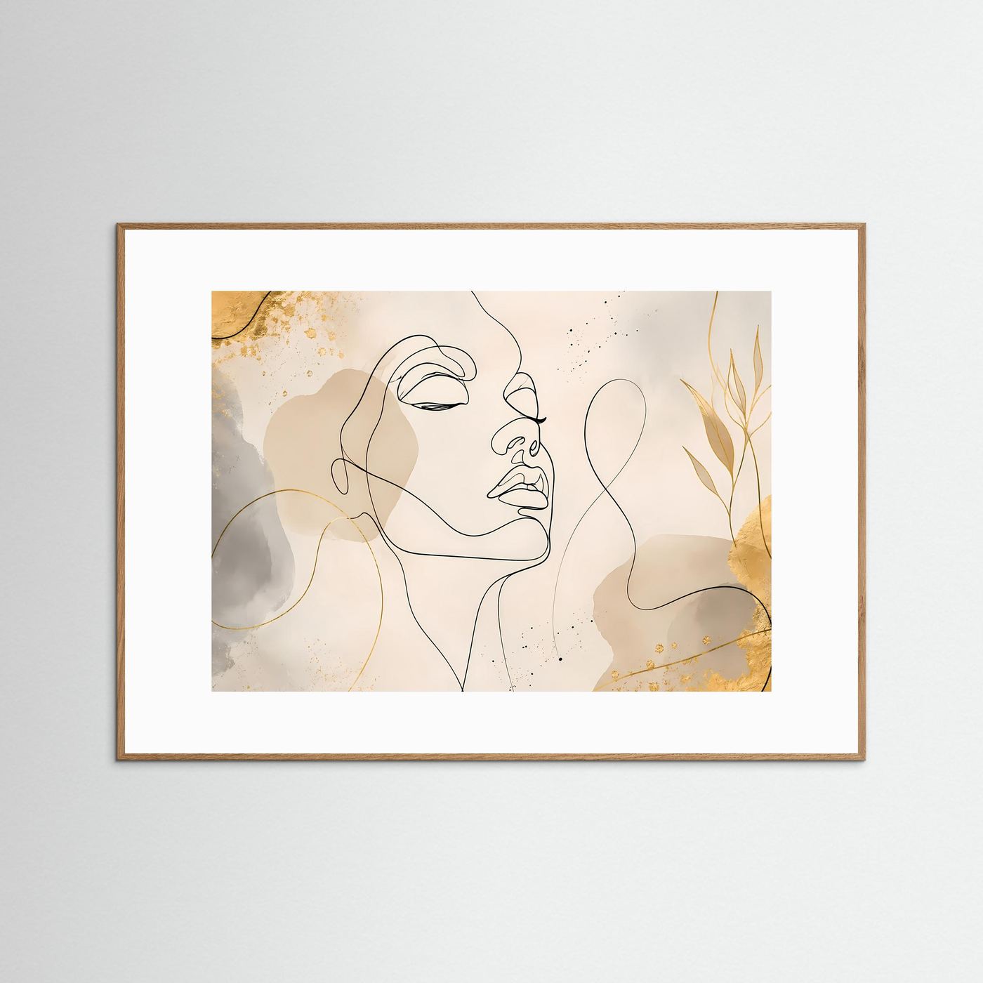 Minimalistisches One Line Face Poster Beige Gold | Moderne Line Art Wandkunst Gesicht Querformat