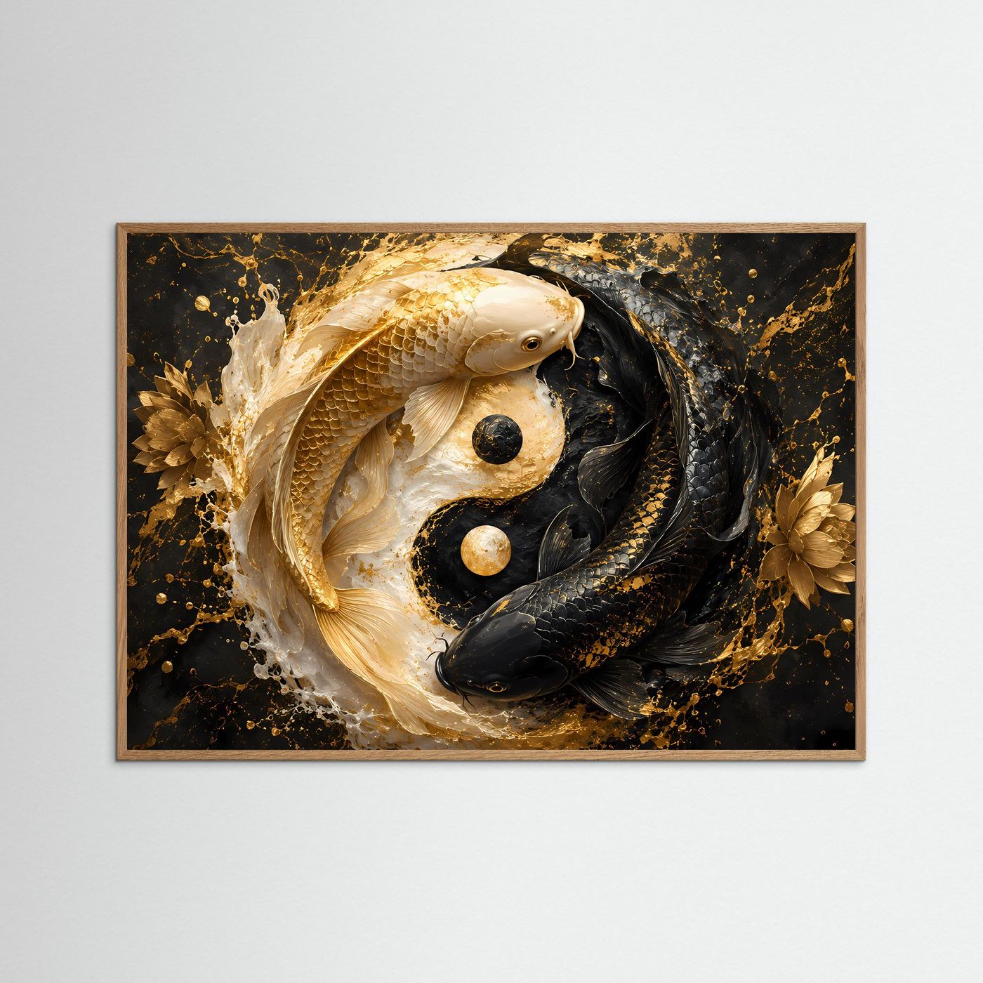Yin Yang Koi Poster | Goldene und Schwarze Koi Fische Wandkunst | Luxuriöses Feng Shui Wandbild | Abstrakte Zen Kunst | Premium Wall Art
