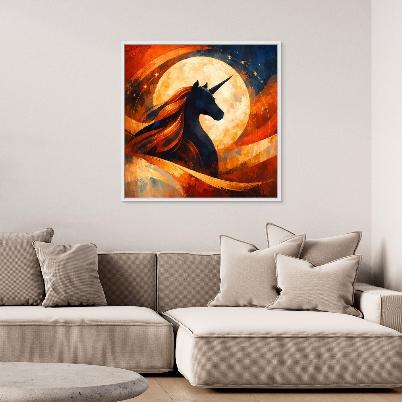 Leinwandbild mit Einhorn-Silhouette vor Vollmond, abstrakte Farbflächen, dunkler Rahmen