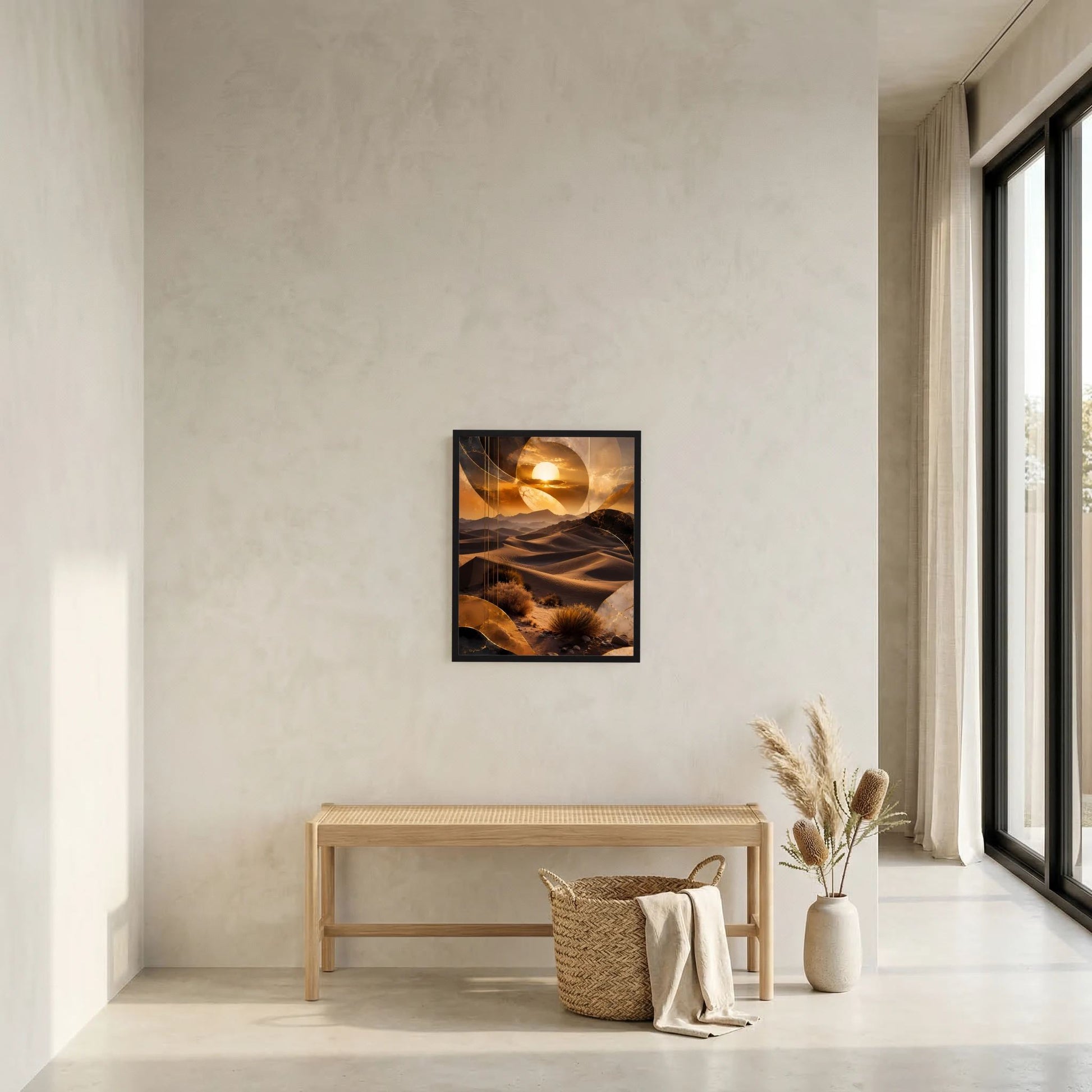Wandposter im schwarzen Rahmen mit goldener Wüstenlandschaft und rundem Sonnenmotiv