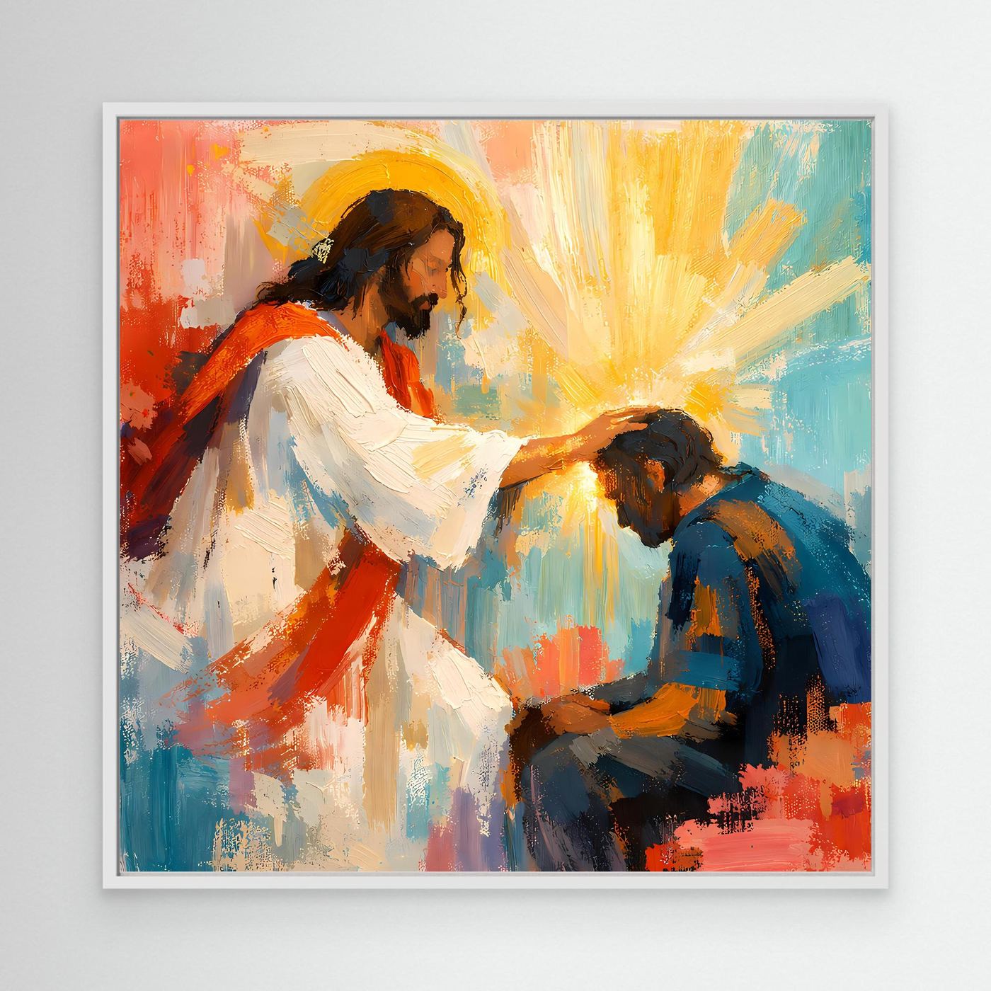White-framed canvas wall art of Jesus blessing a praying man with golden light rays