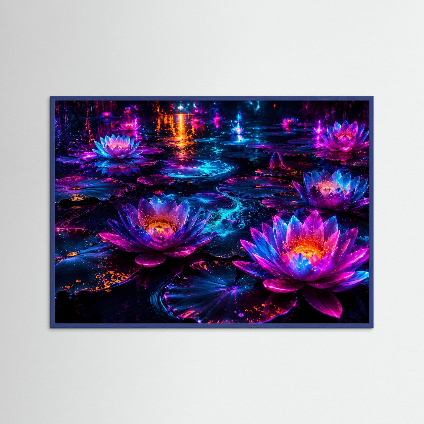 Lotusblüten Neon Poster Querformat | Leuchtende Seerosen Fantasy Wandkunst | Abstrakte Moderne Kunst