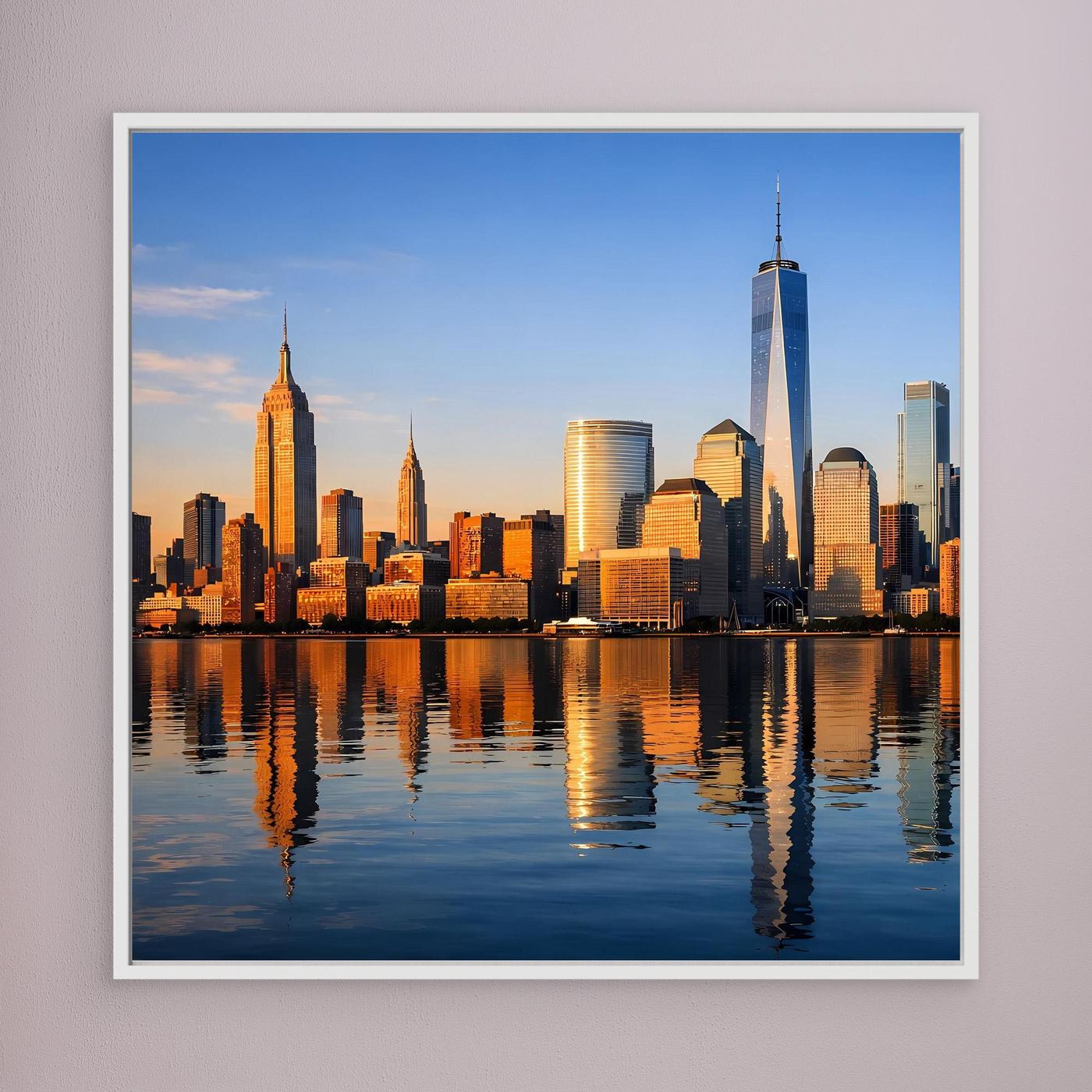 Gerahmtes Leinwandbild mit New-York-Skyline bei Sonnenuntergang und Spiegelung im Wasser