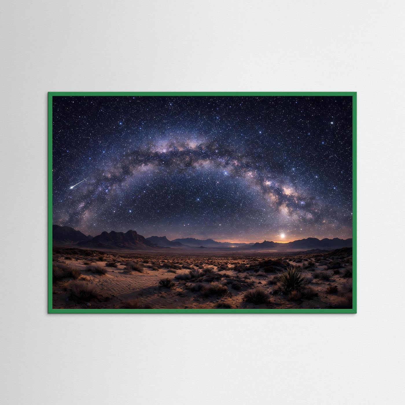 Wandbild mit Milchstraße über Wüste, grüner Holzrahmen