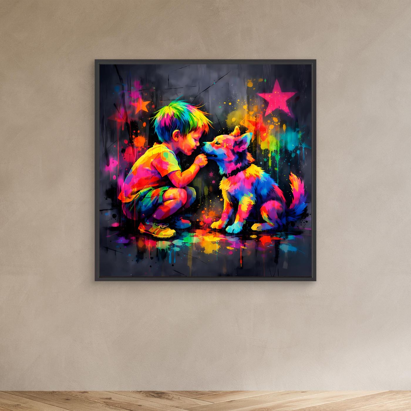 Leinwandbild im schwarzen Rahmen: Kind und Hund im bunten Graffiti, farbige Spritzer