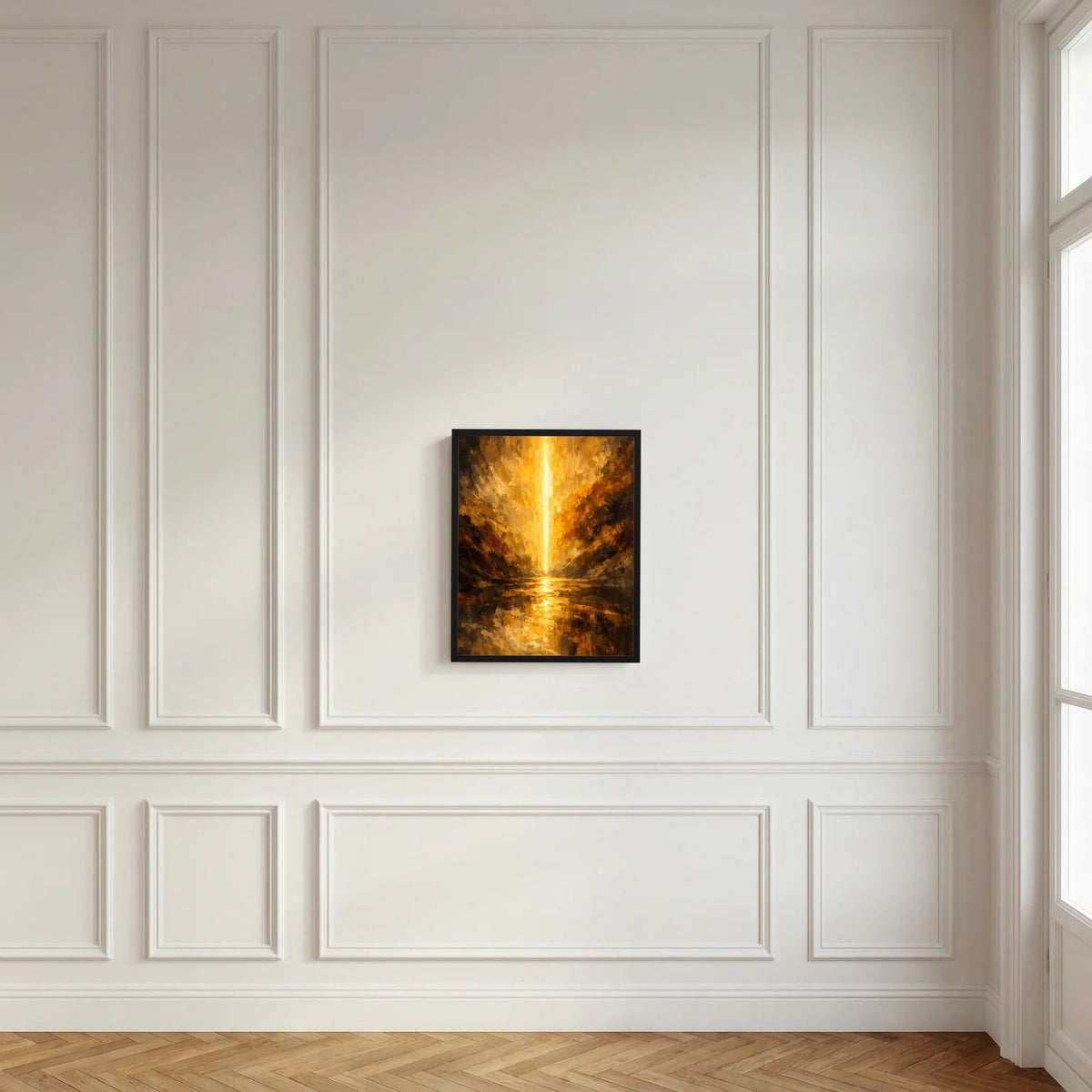 Quadratisches Wandbild mit schwarzem Rahmen, goldene Lichtspalte im Canyon in Dunkelbraun