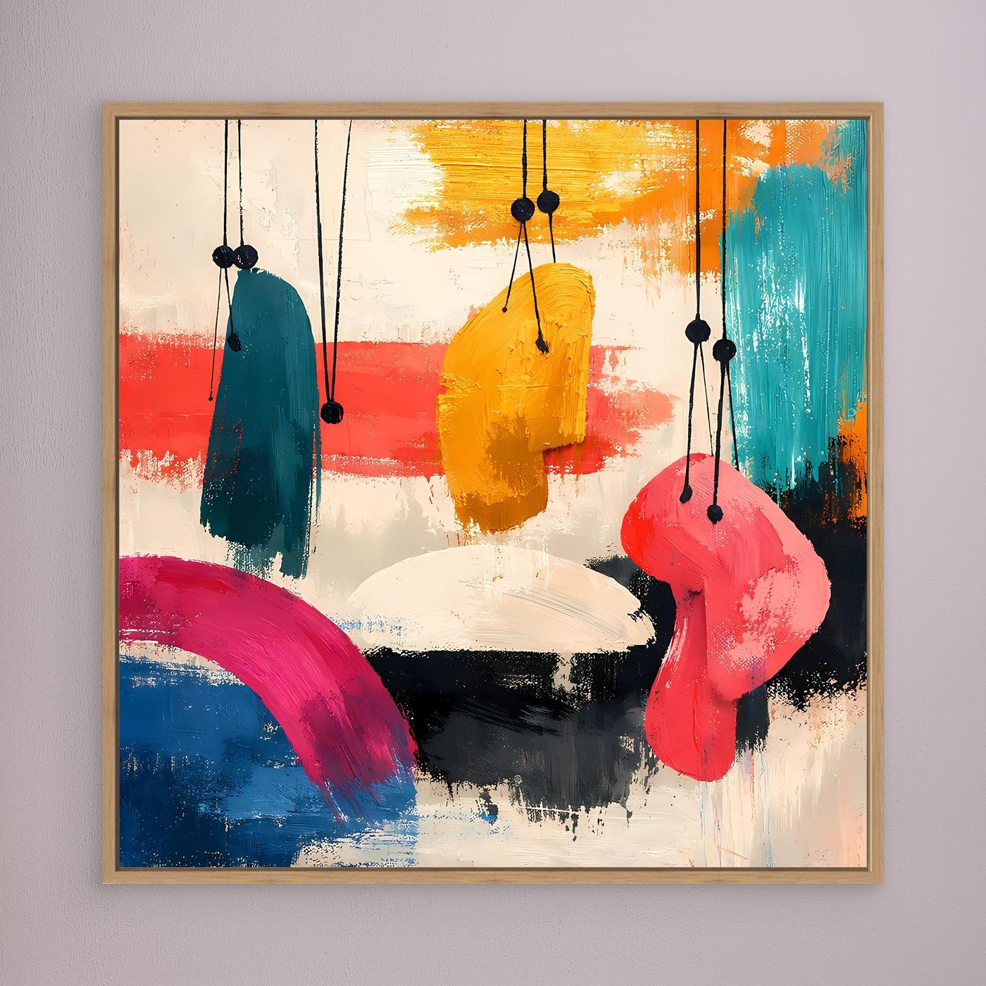Oak-framed abstract wall art with hanging organic shapes in teal, yellow, pink, blue
