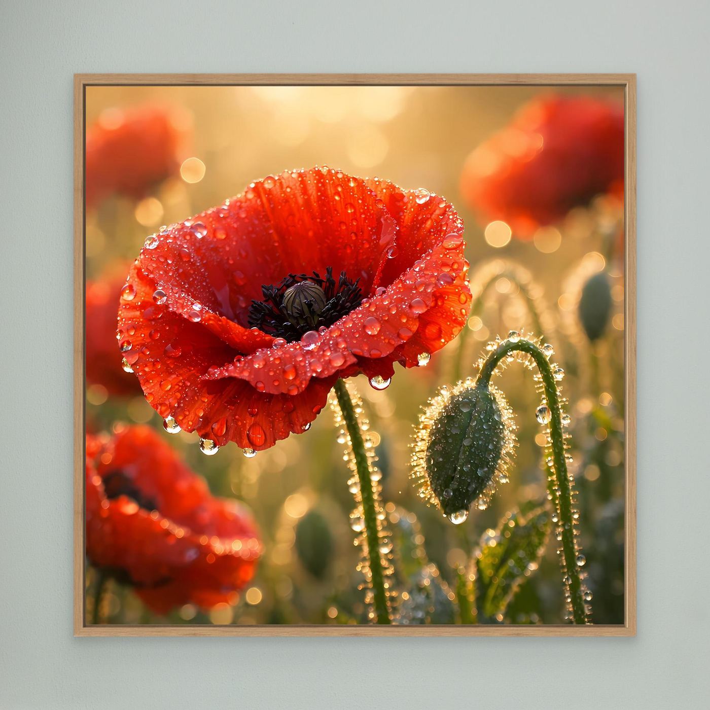 Leinwandbild mit rotem Klatschmohn und Wassertropfen, Eichenrahmen