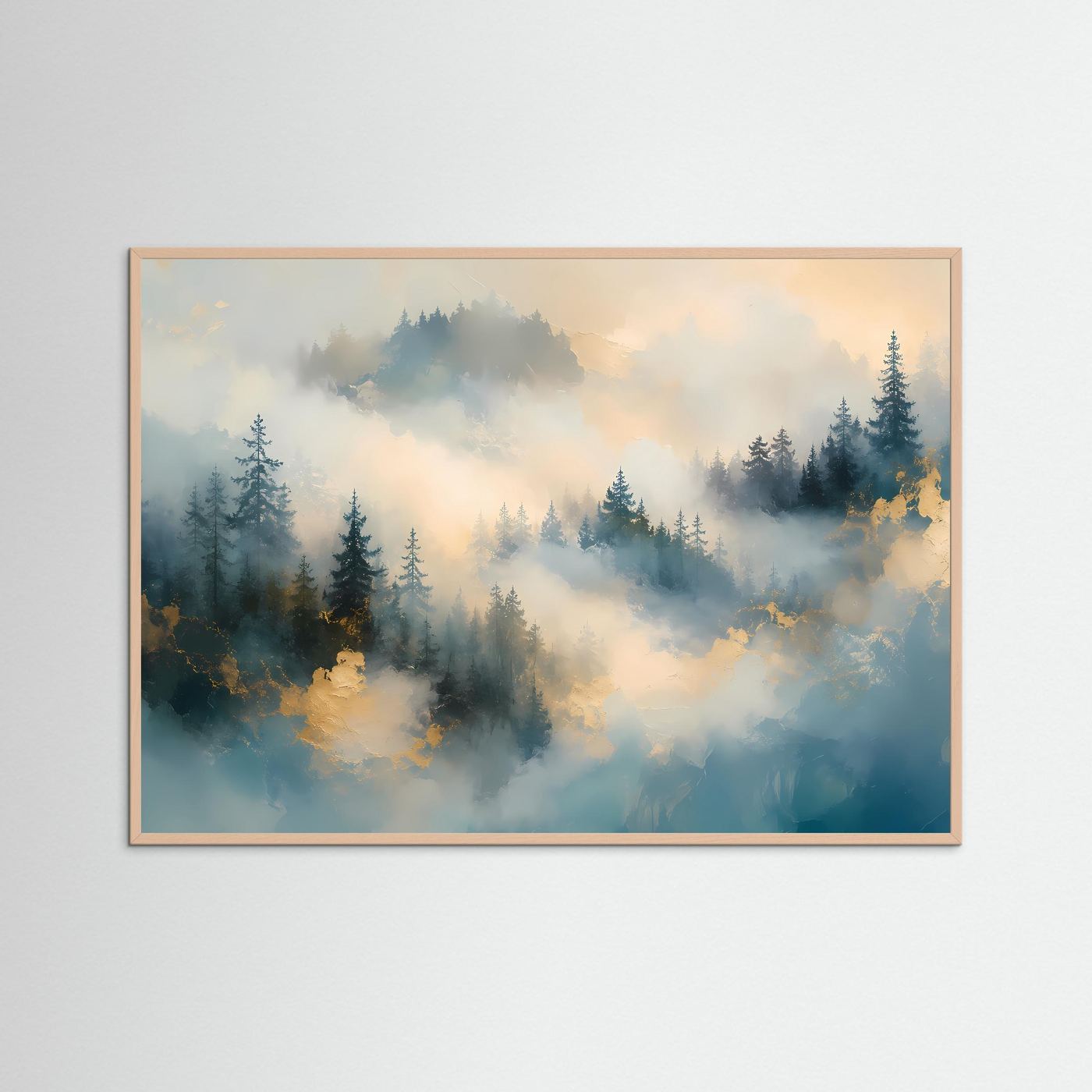 Nebelwald Poster | Mystischer Wald Wandbild | Abstrakte Landschaftskunst in Gold und Blau