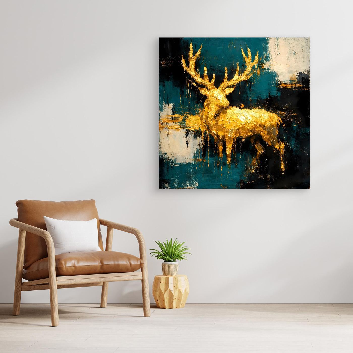 Leinwand Goldener Hirsch in abstrakter Landschaft | Modernes Edel-Tier Wandbild