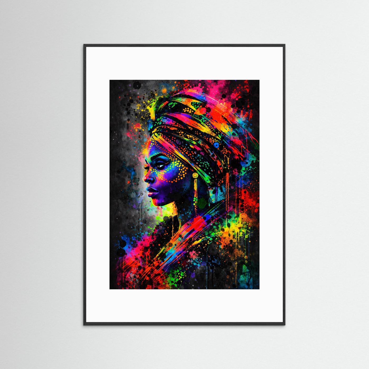 Pop-Art-Porträtposter mit Kopfschmuck, neonfarbige Frau im Profil, weißer Rahmen