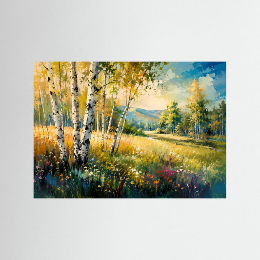 Landschafts-Print mit Birken im goldenen Sonnenlicht und Blumenwiese, farbenfrohe Gestaltung.