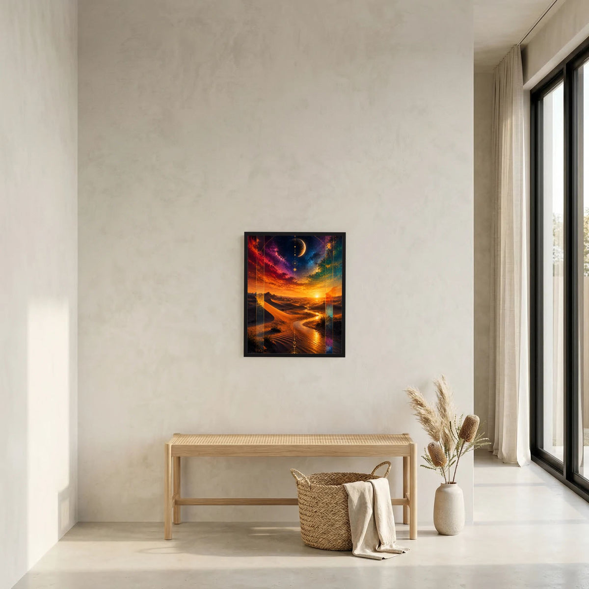 Gerahmtes Hochformat-Poster mit kosmischer Wüste, Halbmond und orangefarbenem Sonnenuntergang