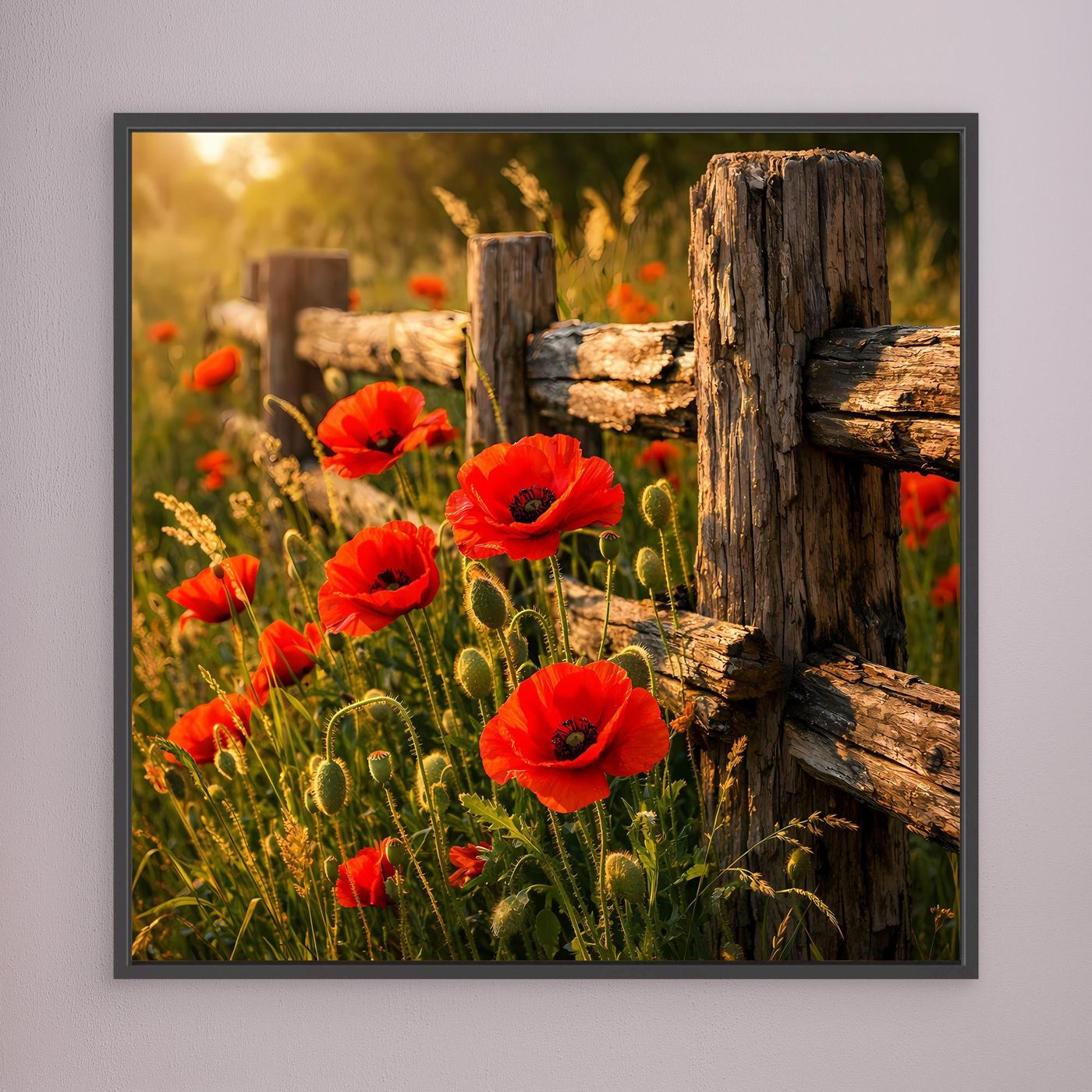 Leinwandbild mit roten Mohnblumen und Zaun, anthrazitfarbener Rahmen
