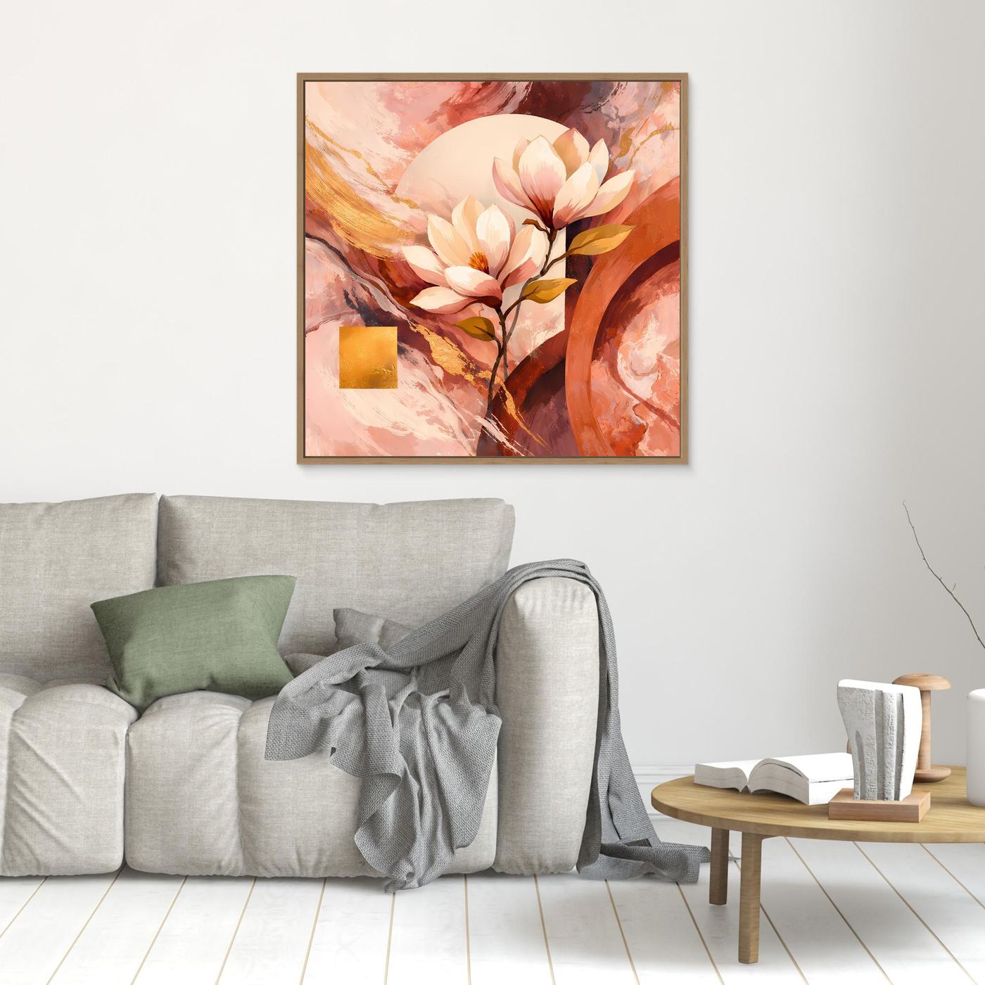 Kleines Leinwandbild: Magnolienblüten in Rosé, abstrakte Bögen, goldener Akzent; braun