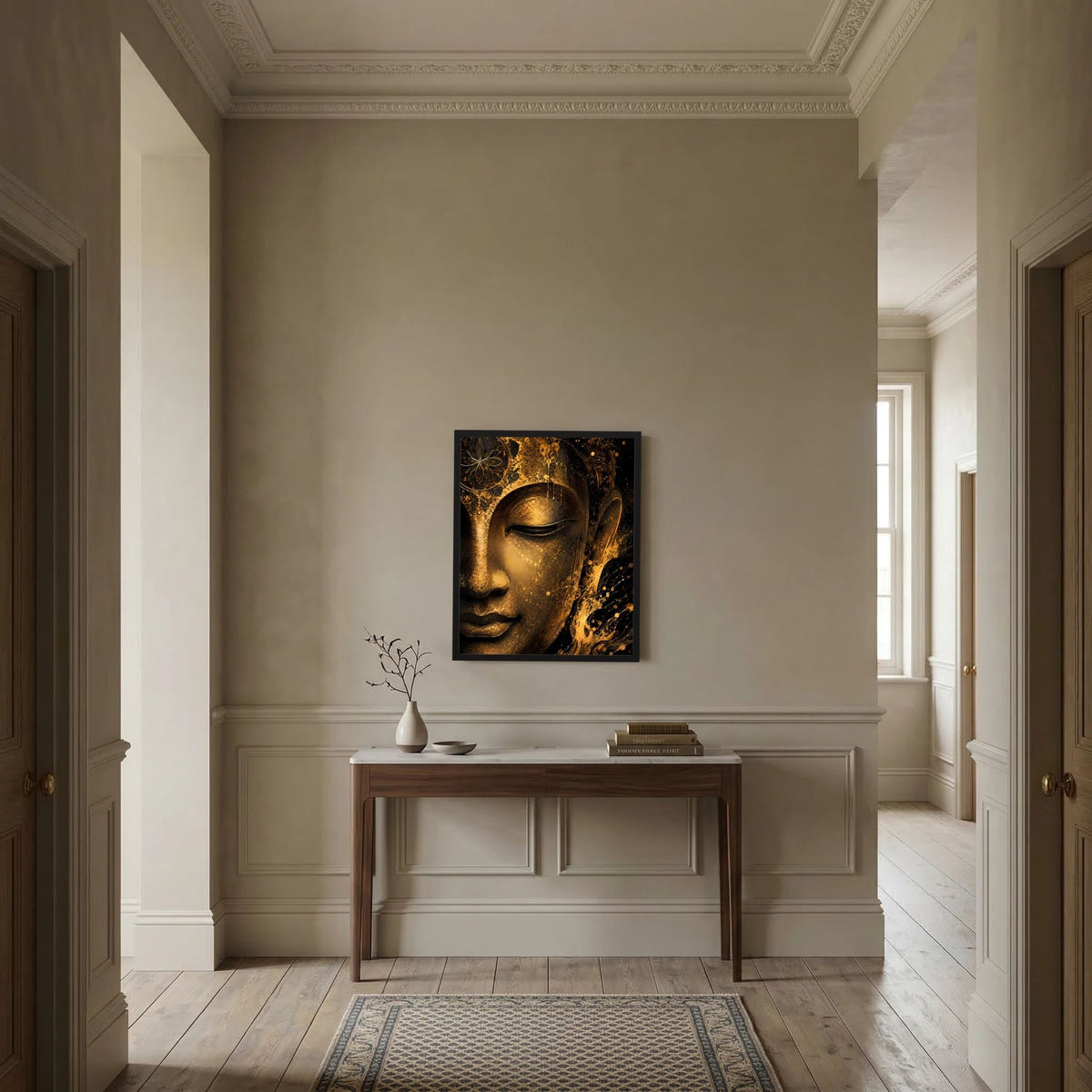 Abstraktes Buddha-Gesicht Poster im schwarzen Rahmen, goldene Details auf dunklem Grund
