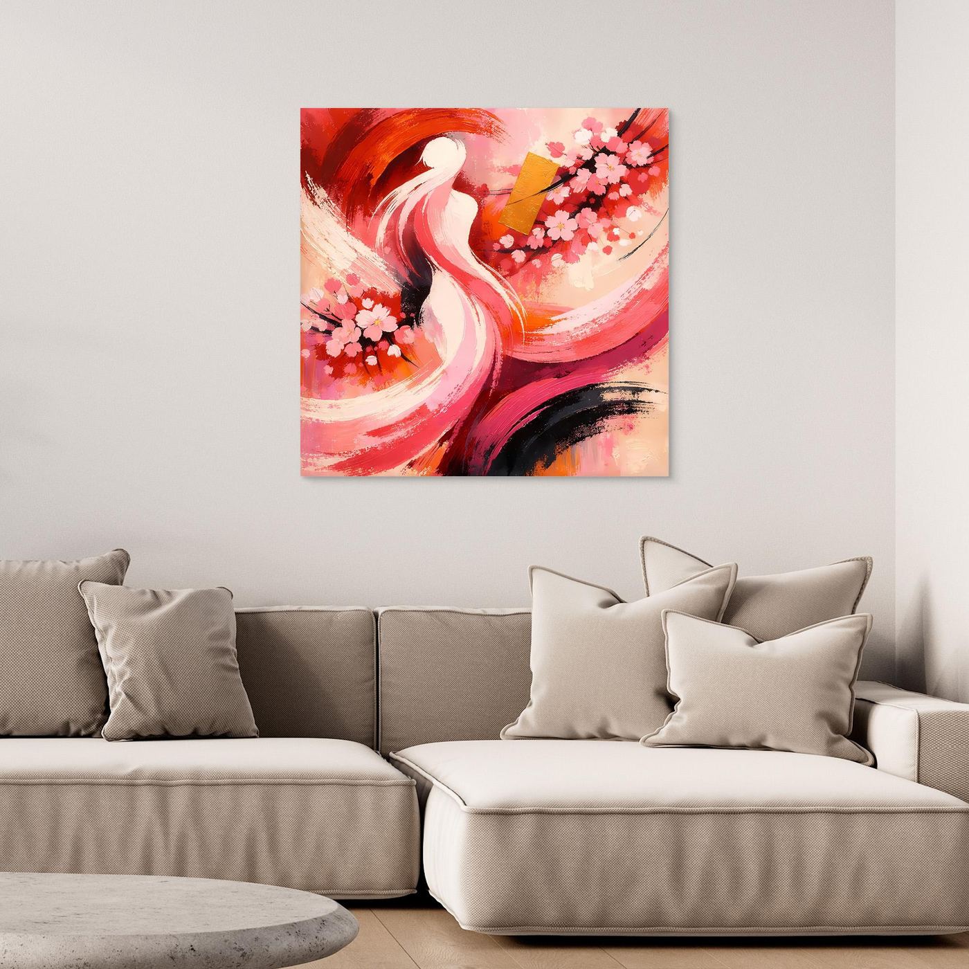Japanisches Leinwand-Wandbild mit Kirschblüten und abstrakter Silhouette, rot-rosa, ohne Rahmen