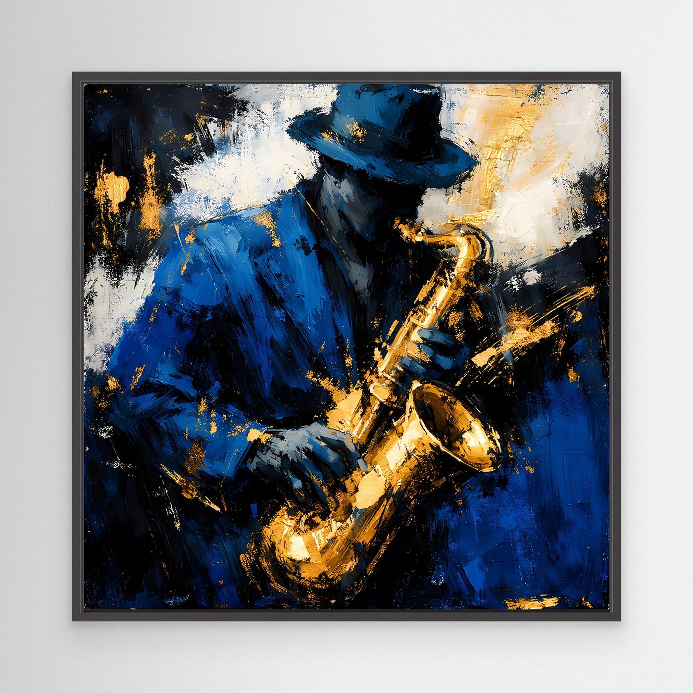Leinwand Eleganter Jazz-Saxophonist in Blau und Gold | Abstraktes Musik Wandbild