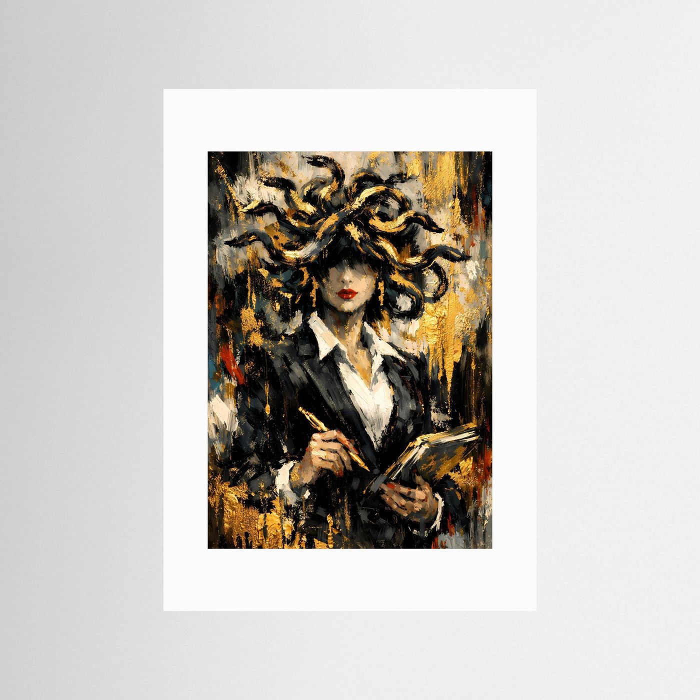 Hochformatiges Kunstposter mit Frauengestalt und gelocktem Haar, gold-schwarz, mit weißem Passepartout