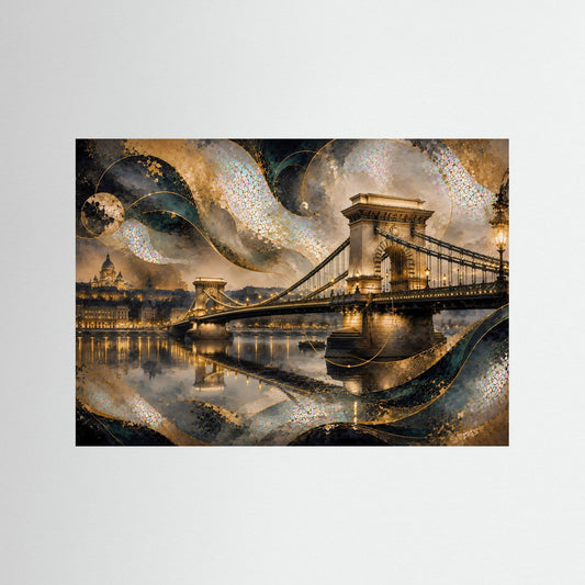 Gerahmtes Wandbild mit nächtlicher Kettenbrücke in Gold- und Perlmuttfarben