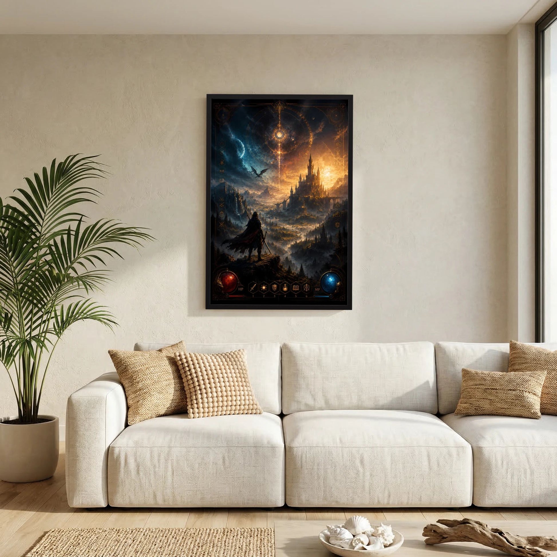 Magisches Burg-Kunstposter im Hochformat mit Kriegerfigur, Drache und leuchtenden Orbs, schwarz gerahmt