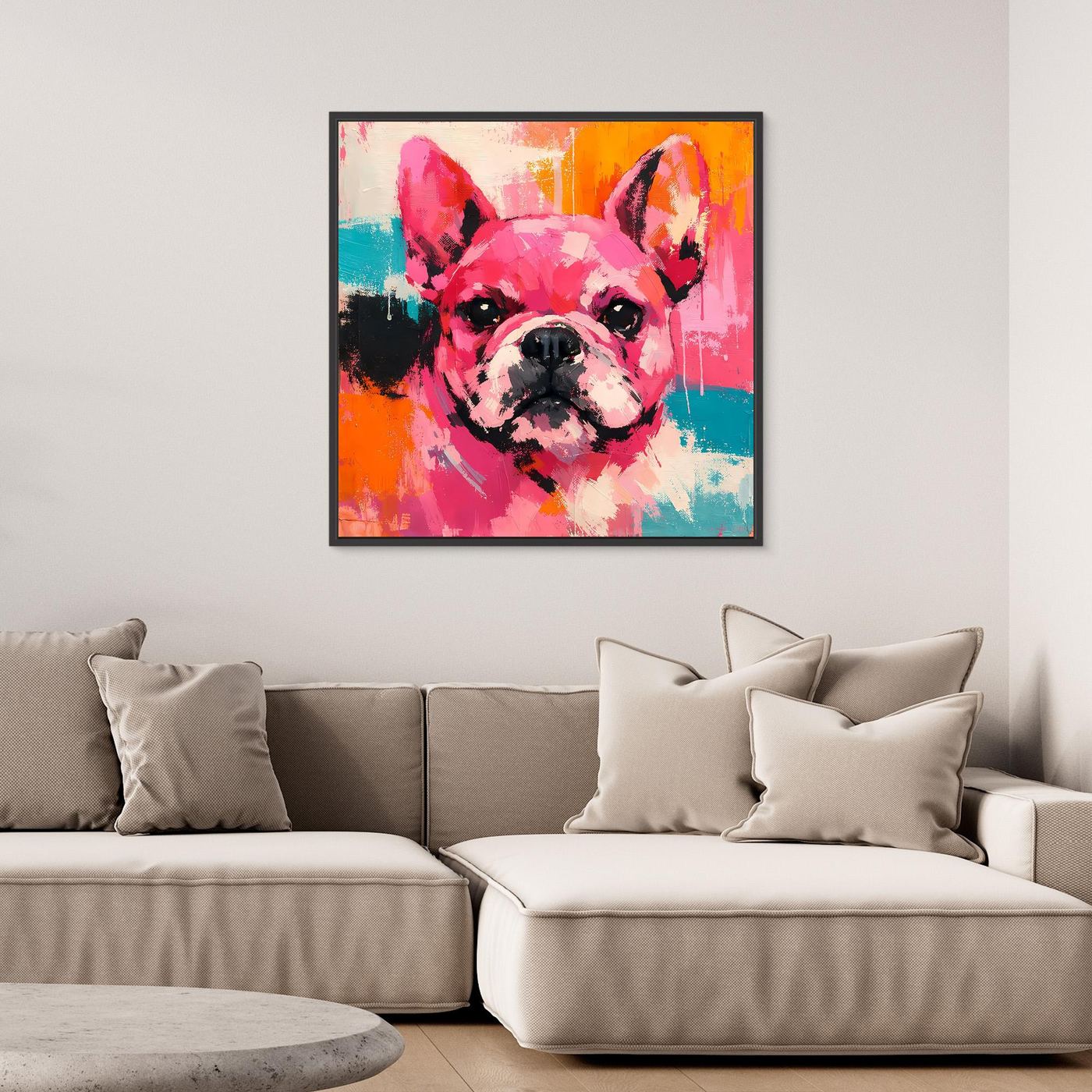 Abstract French bulldog portrait canvas wall art in a black frame; pink dog face with orange and teal paint