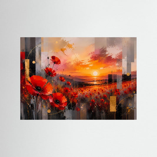 Abstrakter Kunstdruck mit roten Mohnblumen und orangefarbenem Sonnenuntergang, ohne Rahmen