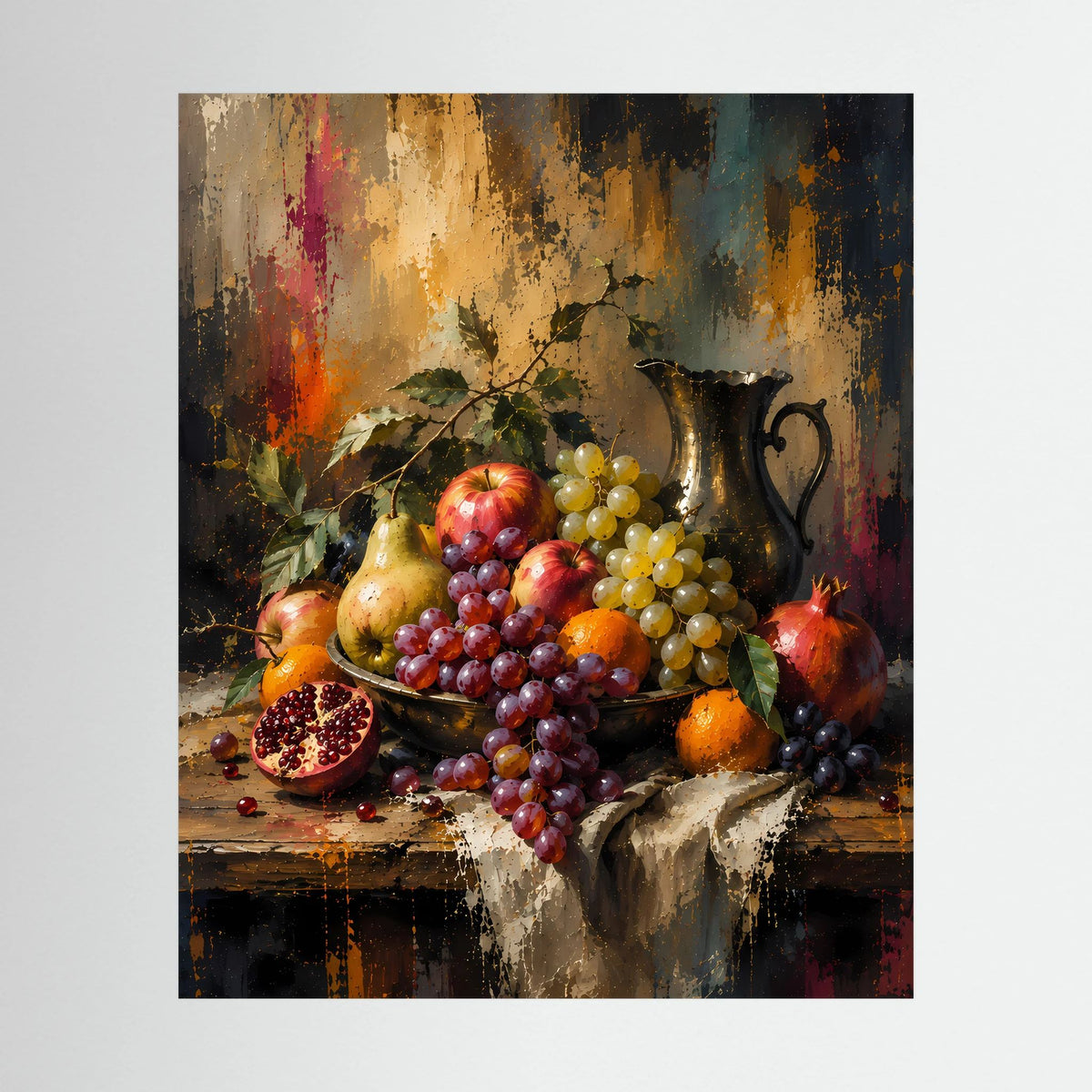 Gerahmtes Kunstposter mit Obststillleben: Trauben und Granatapfel neben Äpfeln auf Tisch
