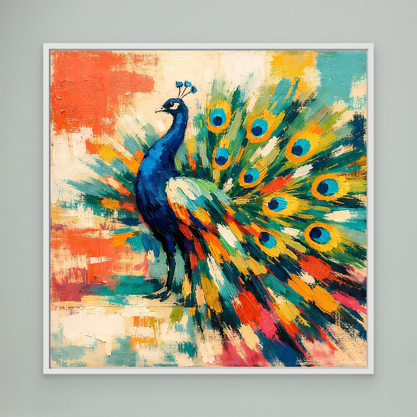 Peacock canvas wall art with colorful fan feathers, white frame