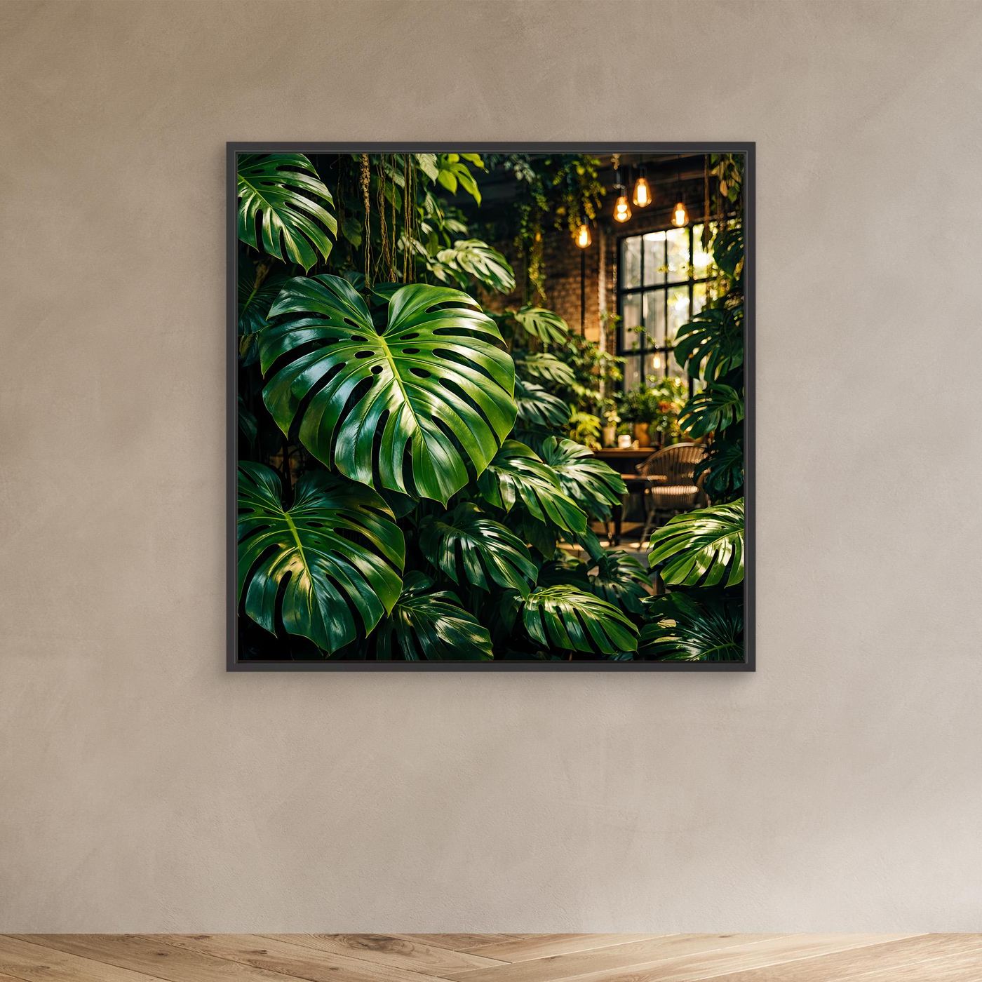 Leinwandbild mit grünen Monstera- und Dschungelblättern, schwarzer Rahmen