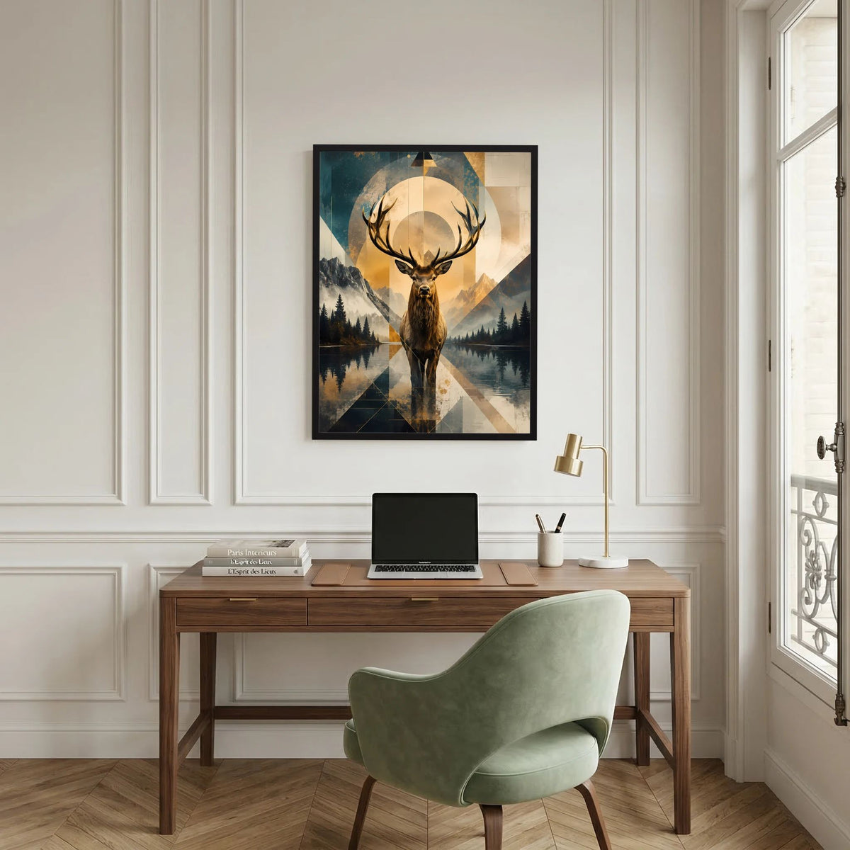 Hirsch-Poster mit geometrischer Berglandschaft, schwarz gerahmt, in edlem Wohnraum
