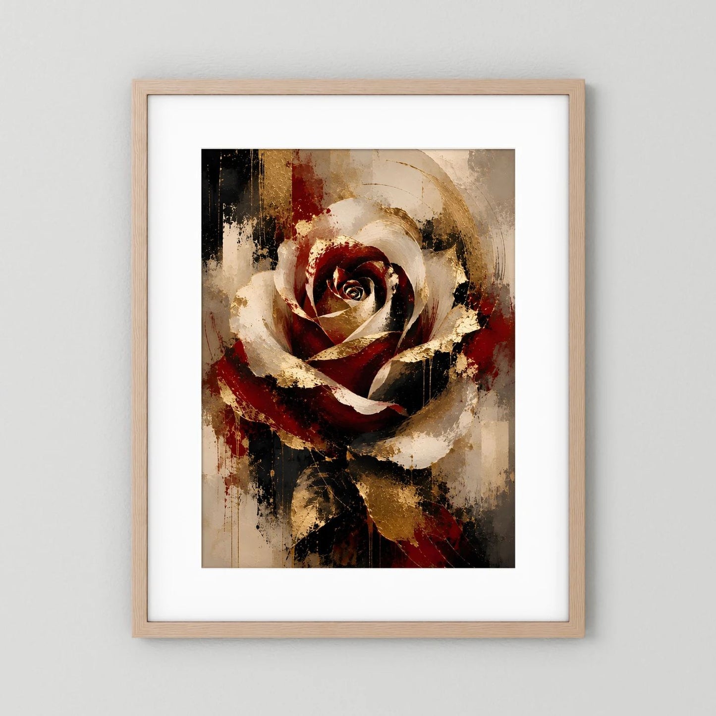 Poster im Hochformat mit abstrakter Rose in Rot, Gold und Schwarz, hellbraun gerahmt