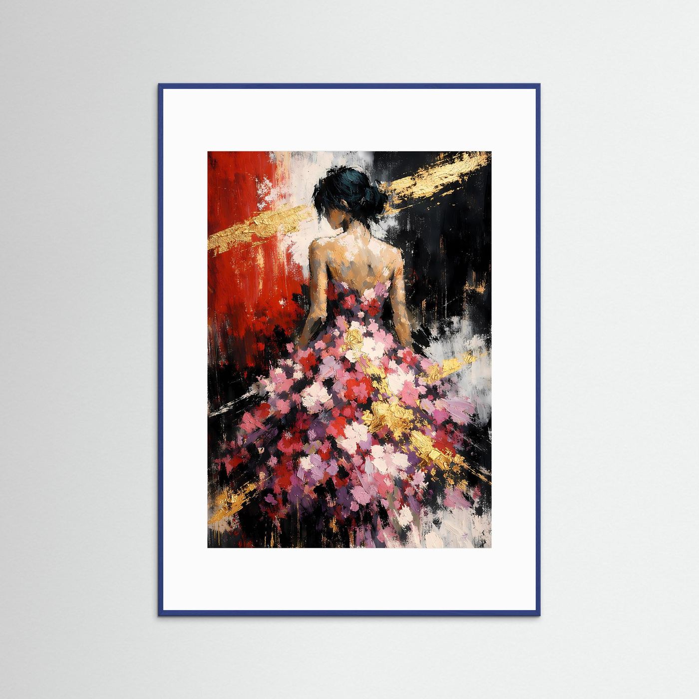 Mode-Kunstposter im Hochformat mit abstraktem Frauenportrait, blau gerahmt