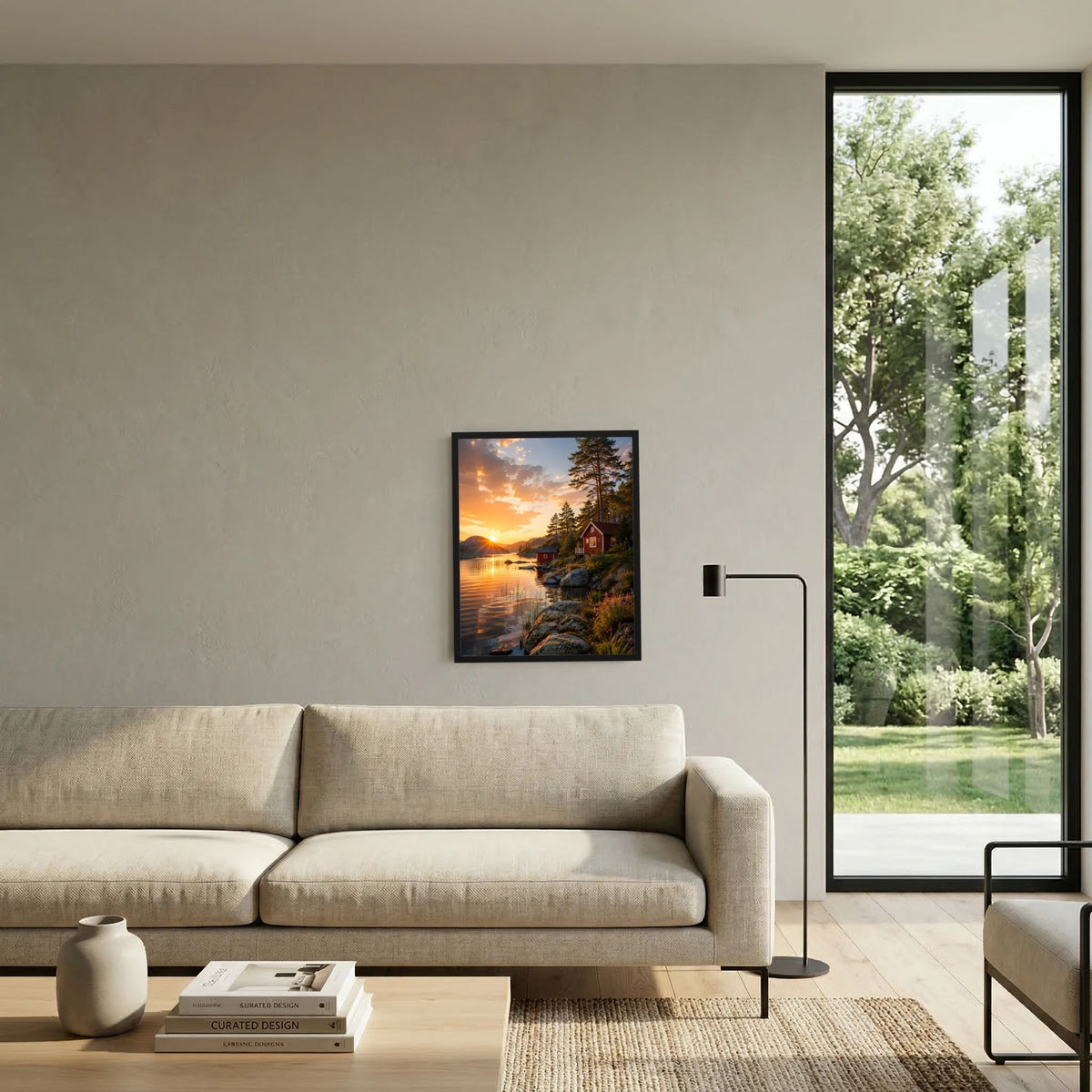 Hochformatiges Kunstposter an der Wand: Sonnenuntergang über dem See mit Nadelbäumen